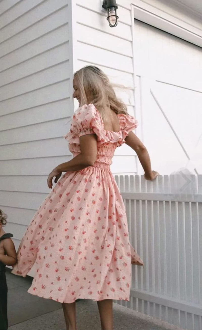 R.Vivimos Womens Summer Floral Print Puff Sleeves Vintage Ruffles Midi Dress (Large, Pink) - Image 3